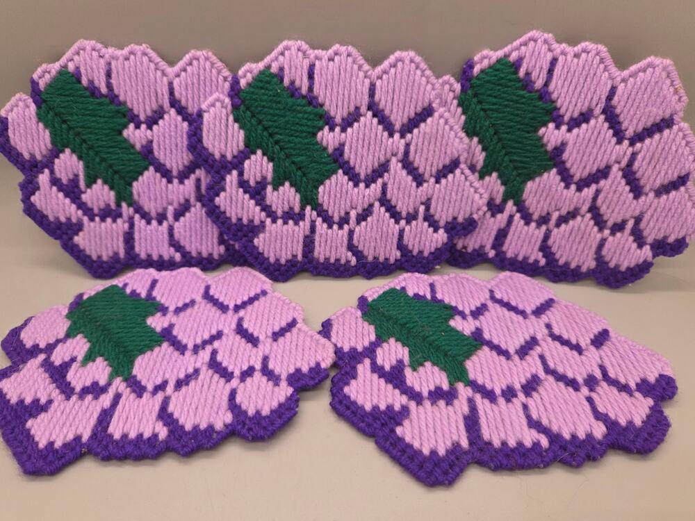 VTG Handmade Purple Grape Stitched Yarn Needlepoint Plastic Canvas Coasters